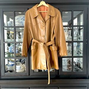 A Vintage 1970s Tan Real Leather Trench Coat